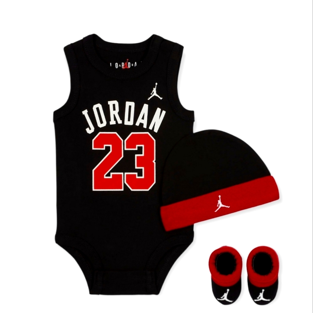Baby Jordan 6-12 Month Boy Bodysuit, Hat and Booties Onesie Shoe Gift Box